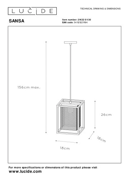 Lucide SANSA - Hanglamp - 1xE27 - Zwart - technisch